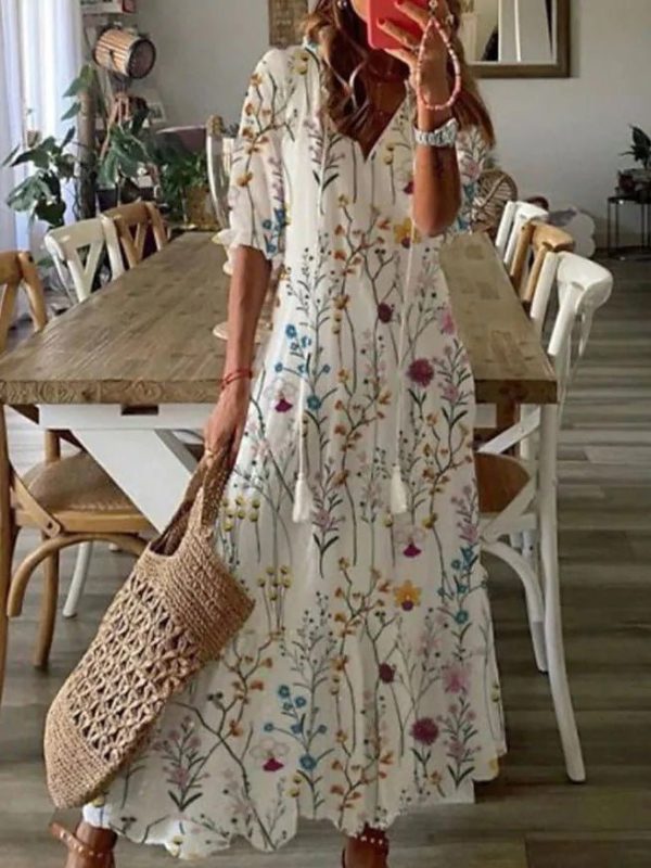 JESSICA | Women’s Dresses V-Neck Printed Beard Mid-Sleeve Maxi Dress