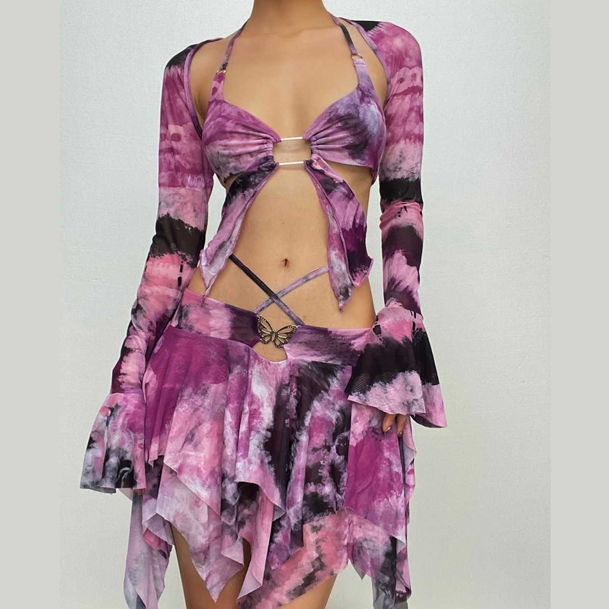 MIA | Flared sleeve tie dye o ring self tie halter low cut mini skirt set