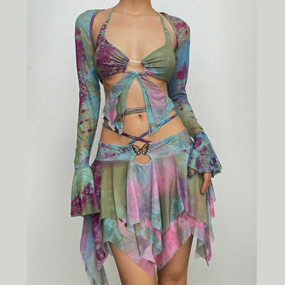 MIA | Flared sleeve tie dye o ring self tie halter low cut mini skirt set