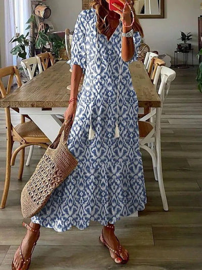 JESSICA | Women’s Dresses V-Neck Printed Beard Mid-Sleeve Maxi Dress