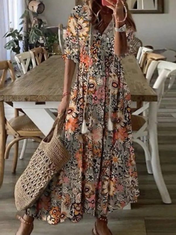 JESSICA | Women’s Dresses V-Neck Printed Beard Mid-Sleeve Maxi Dress
