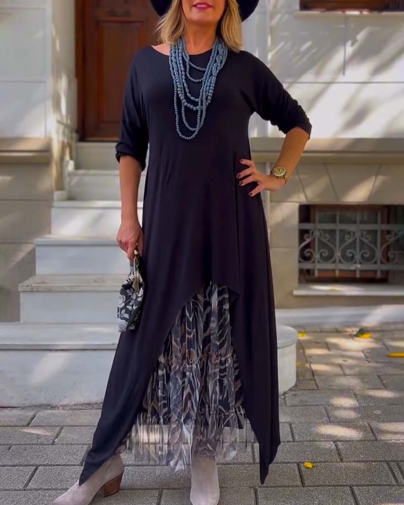 RAFFAELLA | Asymmetrical Long Sleeve Dress with Tulle Effect Skirt for a Chic and Unique Look