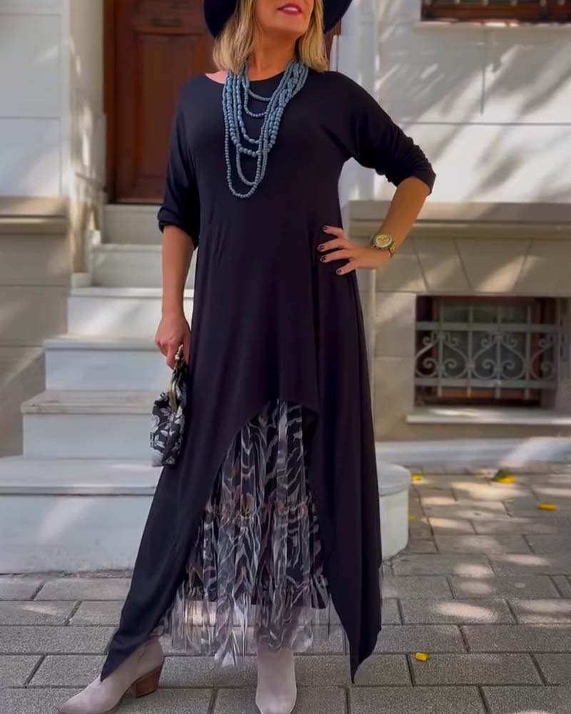 RAFFAELLA | Asymmetrical Long Sleeve Dress with Tulle Effect Skirt for a Chic and Unique Look