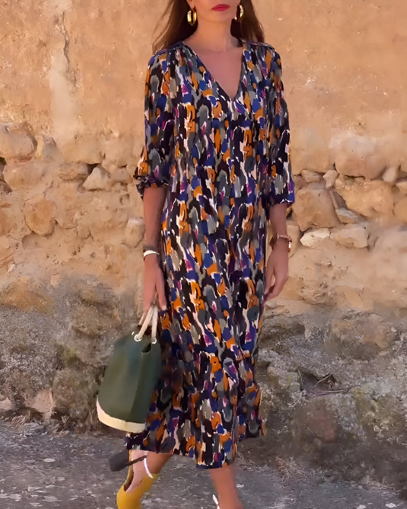 VIOLETTA | V-Neck Long Dress with Retro Pattern and Elegant Comfort for Every Moment