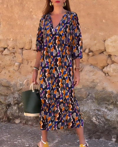 VIOLETTA | V-Neck Long Dress with Retro Pattern and Elegant Comfort for Every Moment