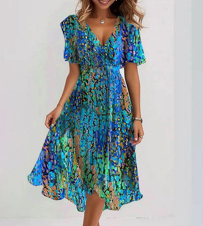 CLARA | Blue midi dress with short sleeves