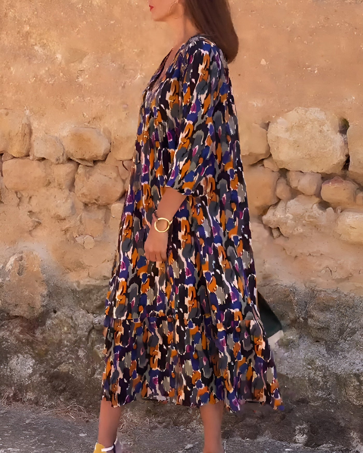VIOLETTA | V-Neck Long Dress with Retro Pattern and Elegant Comfort for Every Moment