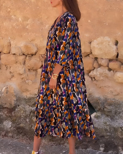 VIOLETTA | V-Neck Long Dress with Retro Pattern and Elegant Comfort for Every Moment