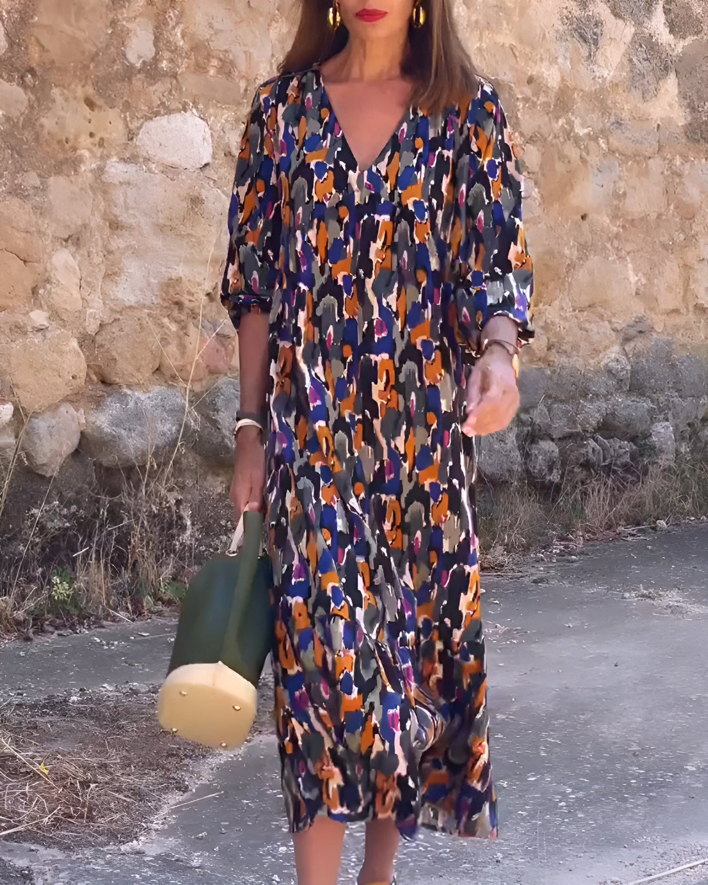 VIOLETTA | V-Neck Long Dress with Retro Pattern and Elegant Comfort for Every Moment