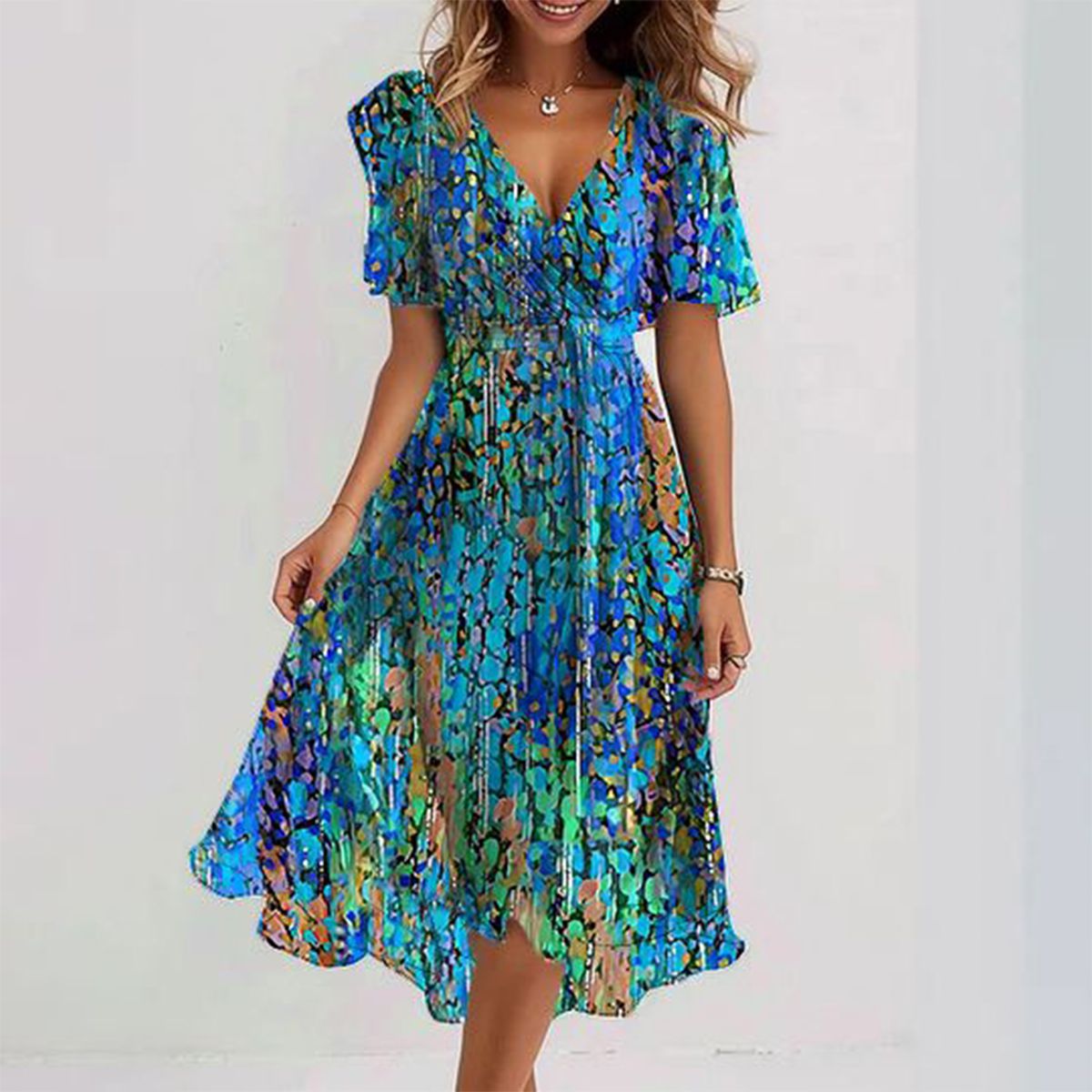 CLARA | Blue midi dress with short sleeves
