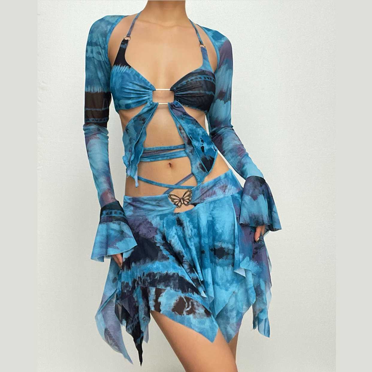MIA | Flared sleeve tie dye o ring self tie halter low cut mini skirt set
