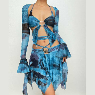MIA | Flared sleeve tie dye o ring self tie halter low cut mini skirt set