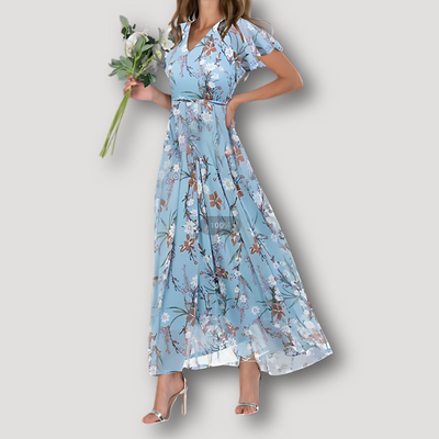 MINA | Flowy Floral Short Ruffled Sleeve Maxi Dress Australia
