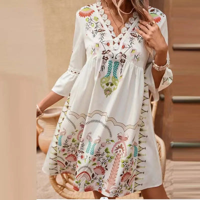 CELINE | Boho Embroidered V-Neck Dress