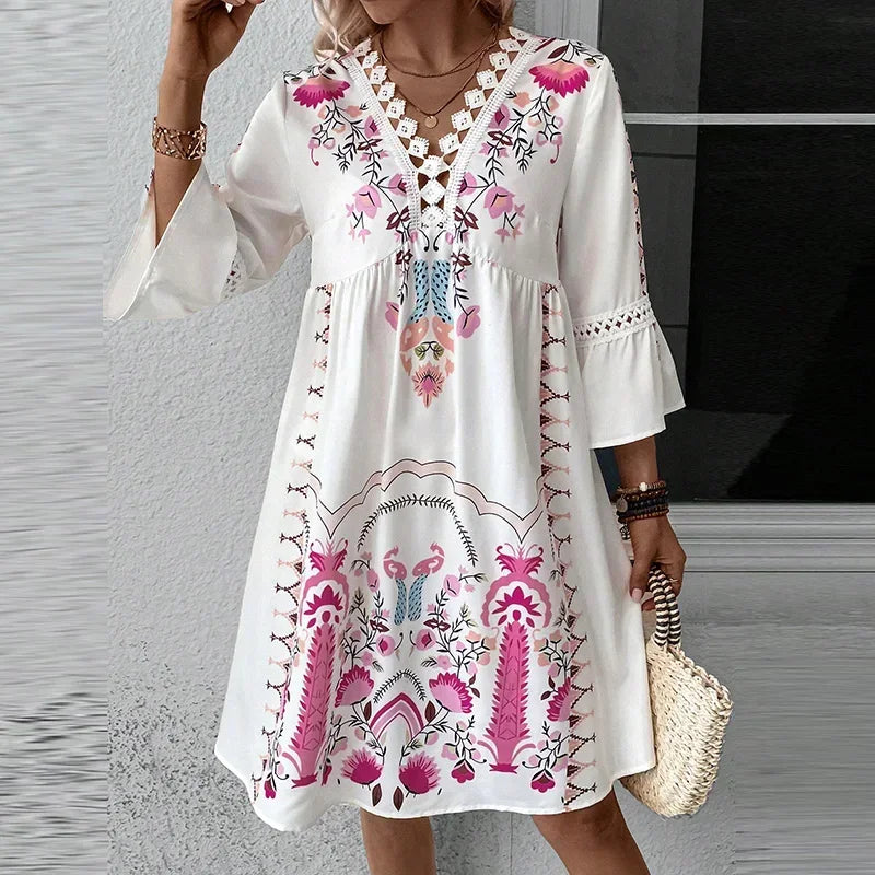 CELINE | Boho Embroidered V-Neck Dress