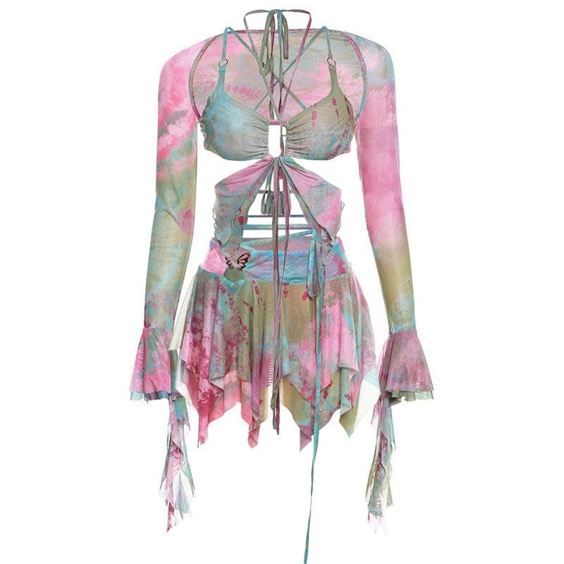 MIA | Flared sleeve tie dye o ring self tie halter low cut mini skirt set