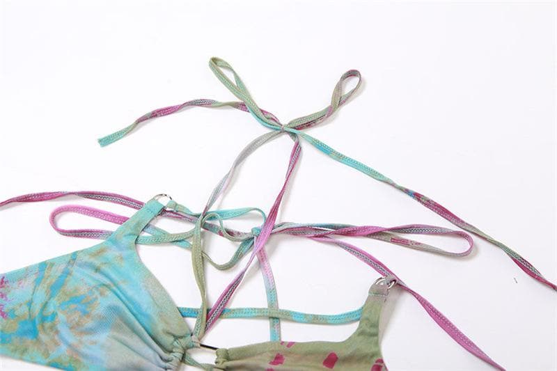MIA | Flared sleeve tie dye o ring self tie halter low cut mini skirt set