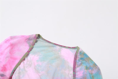 MIA | Flared sleeve tie dye o ring self tie halter low cut mini skirt set