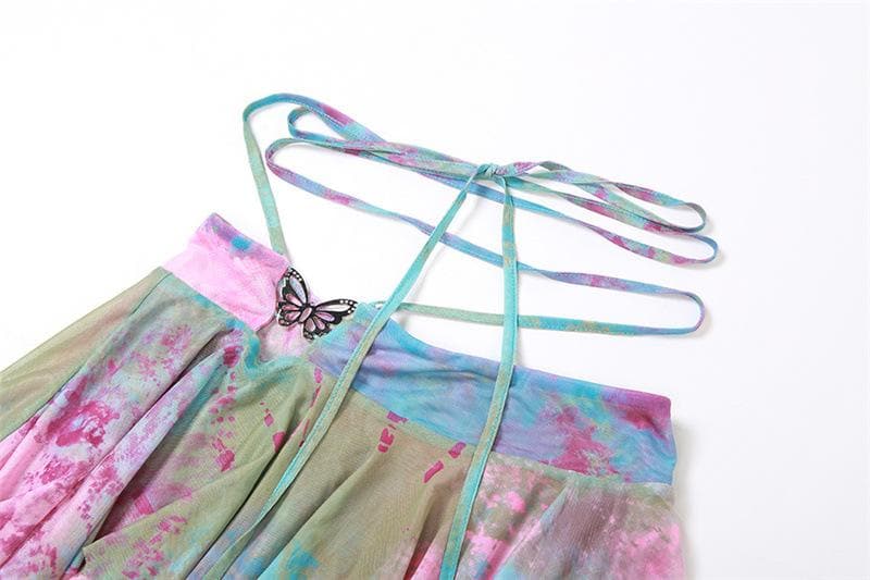MIA | Flared sleeve tie dye o ring self tie halter low cut mini skirt set