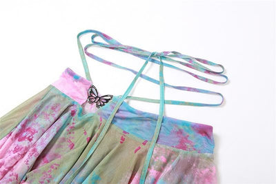 MIA | Flared sleeve tie dye o ring self tie halter low cut mini skirt set