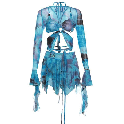 MIA | Flared sleeve tie dye o ring self tie halter low cut mini skirt set
