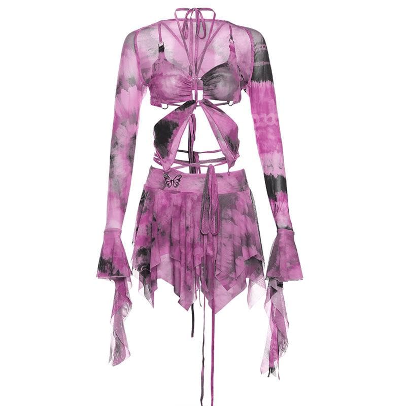 MIA | Flared sleeve tie dye o ring self tie halter low cut mini skirt set