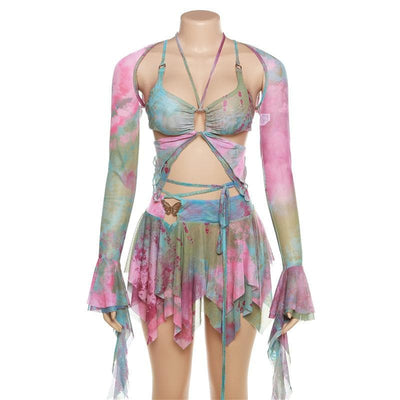MIA | Flared sleeve tie dye o ring self tie halter low cut mini skirt set