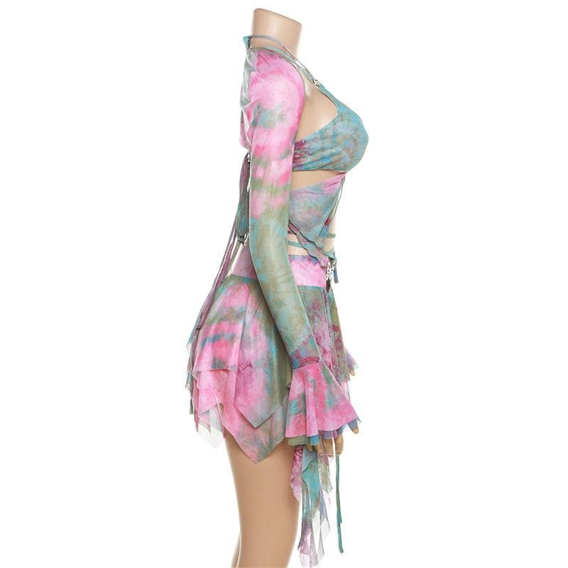 MIA | Flared sleeve tie dye o ring self tie halter low cut mini skirt set