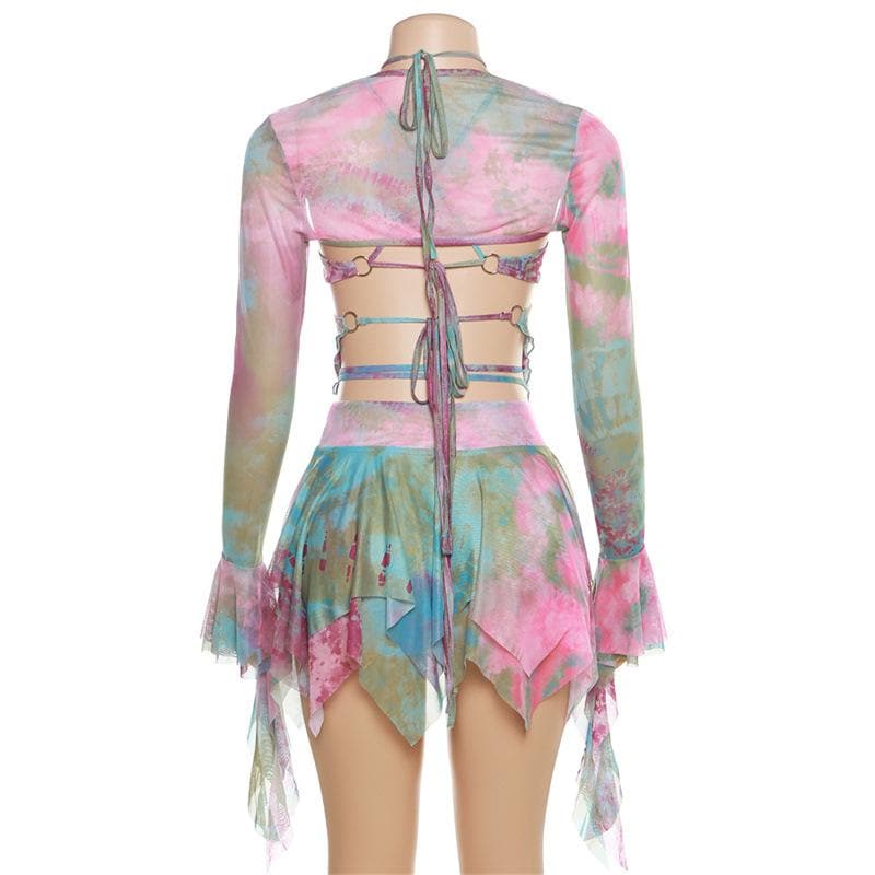 MIA | Flared sleeve tie dye o ring self tie halter low cut mini skirt set